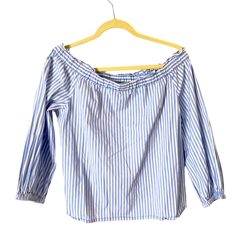 J. Crew Off the Shoulder Blue White Striped Ruffle Top